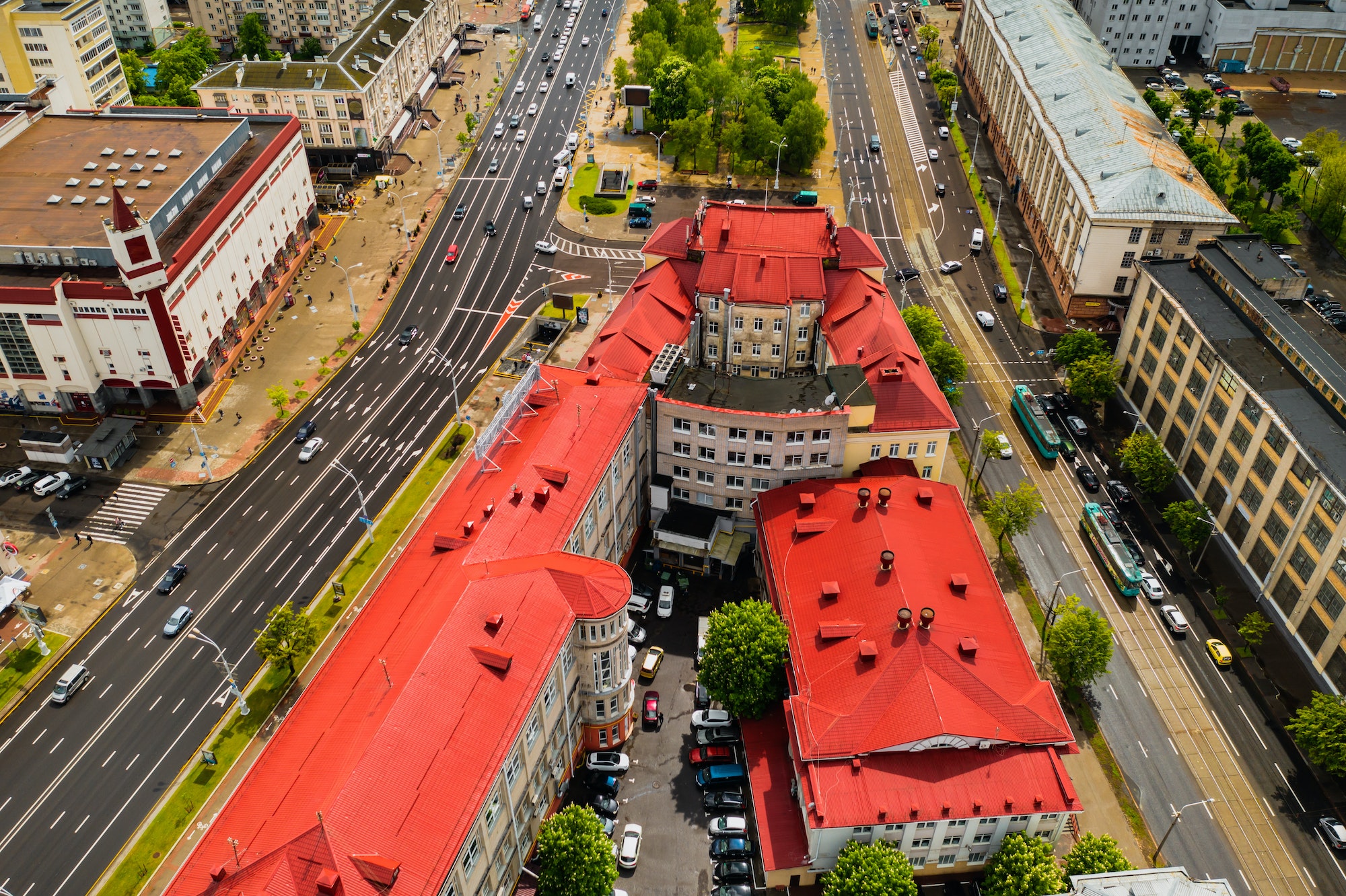 Top view of the historical center of Minsk and Yakub Kolas Square.Old town in the center of Minsk