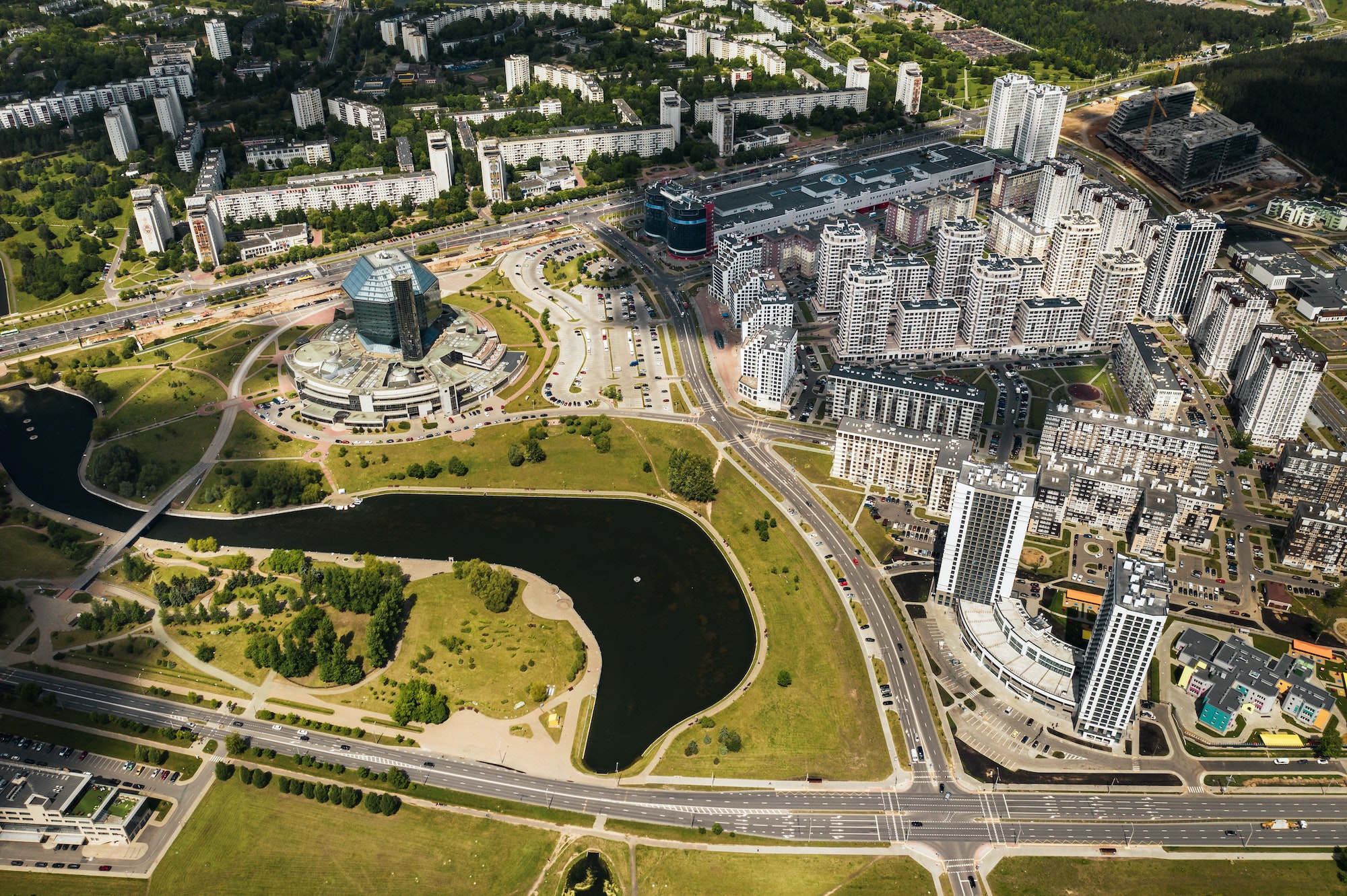 Top view of the National library and a new neighborhood with a Park in Minsk-the capital of the