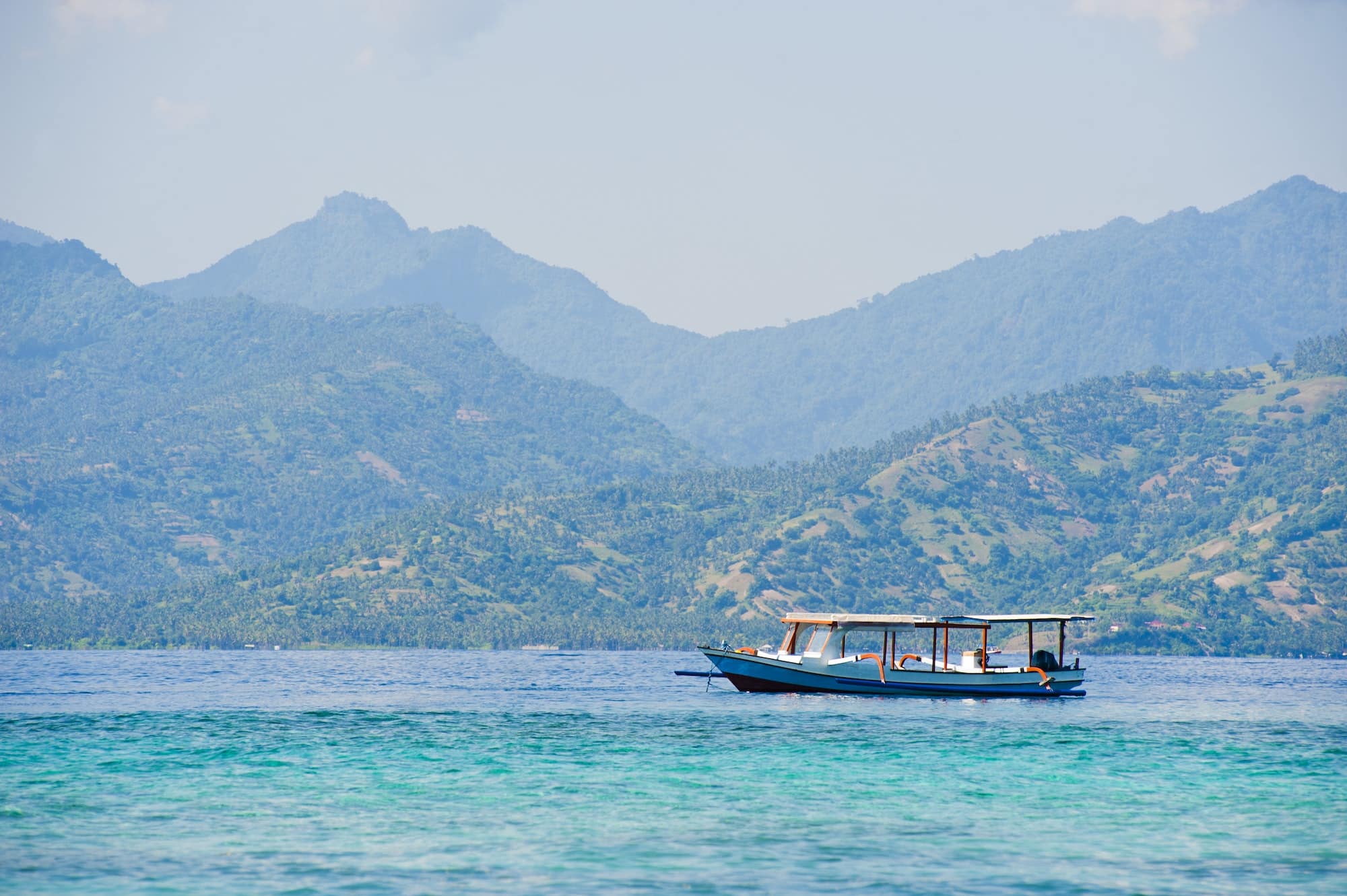 Traditional Indonesian Boat in the Gili Isles, Indonesia, Asia, background with copy space