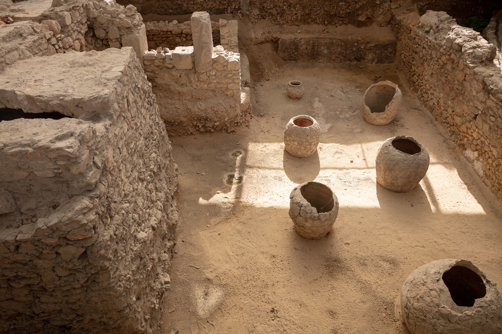 Uncovering ancient town excavation at Syntagma Metro Station in Athens, Greece. Overhead view
