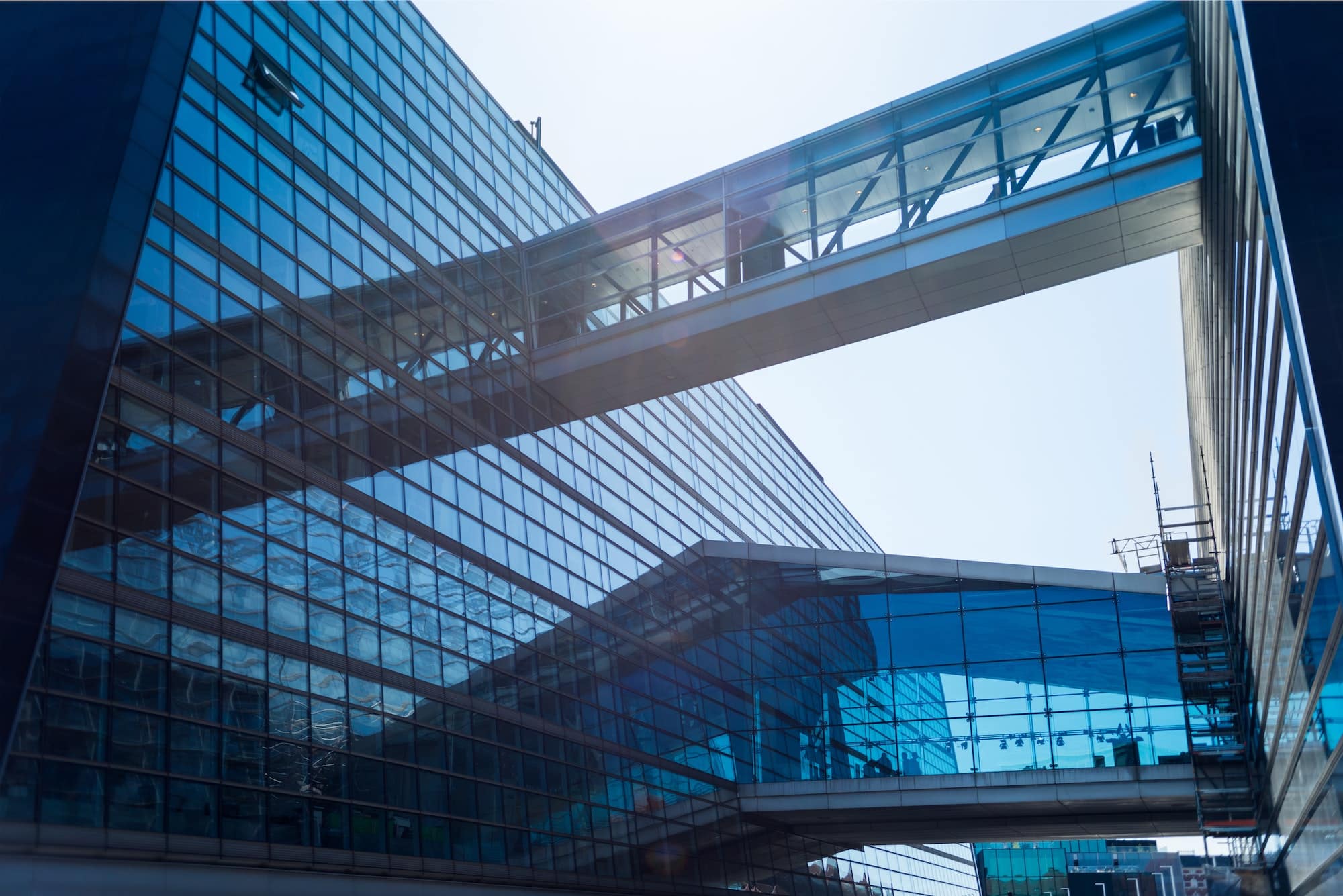 urban scene with modern buildings and clear blue sky in copenhagen, denmark