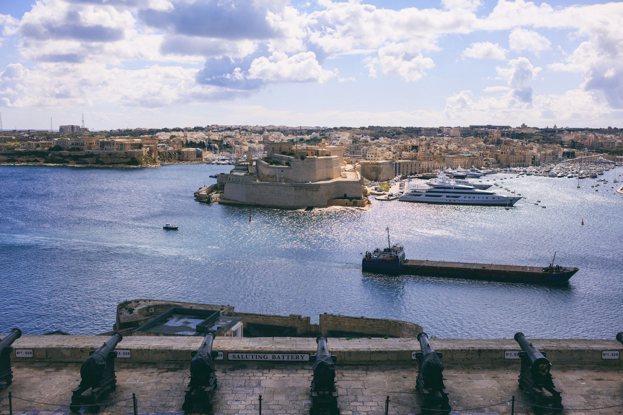 Valletta, Malta. Upper Barrakka Gardens and Saluting Battery. View of Grand harbor