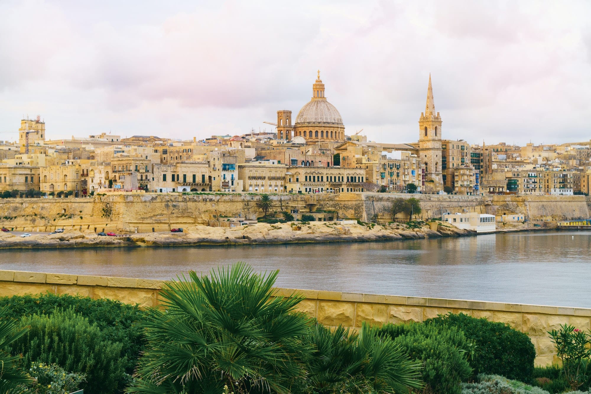 Valletta morning skyline with Basilica of Our Lady of Mount Carmel as seen from Sliema, Malta. G