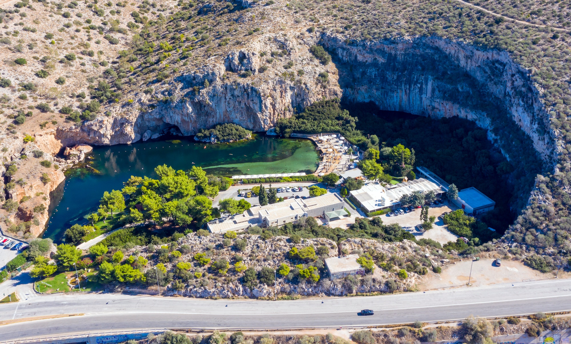 Vouliagmeni lake heath spa, aerial drone view, Athens Greece.