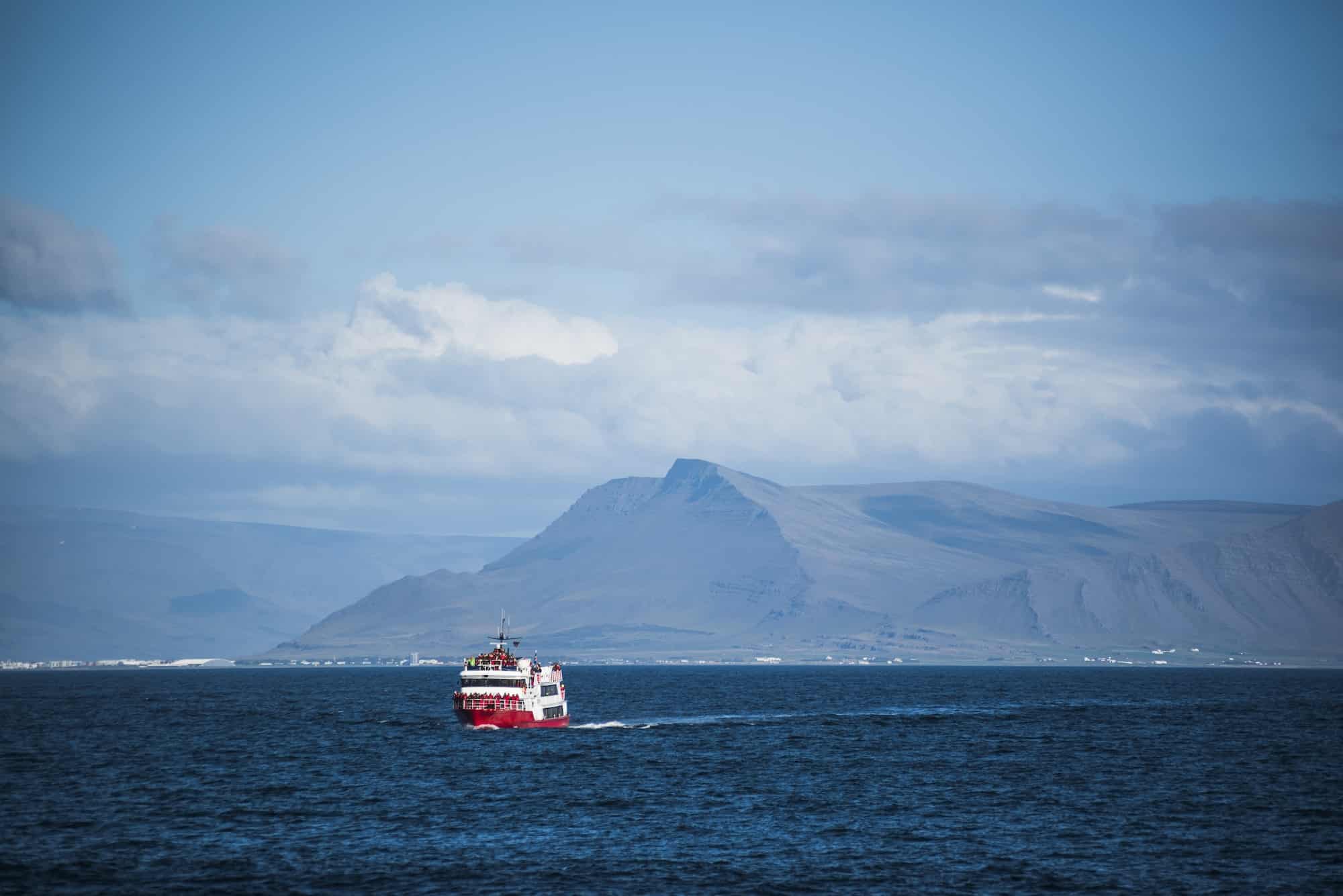 Whale watching boat, Reykjavik, Iceland, Europe, background with copy space