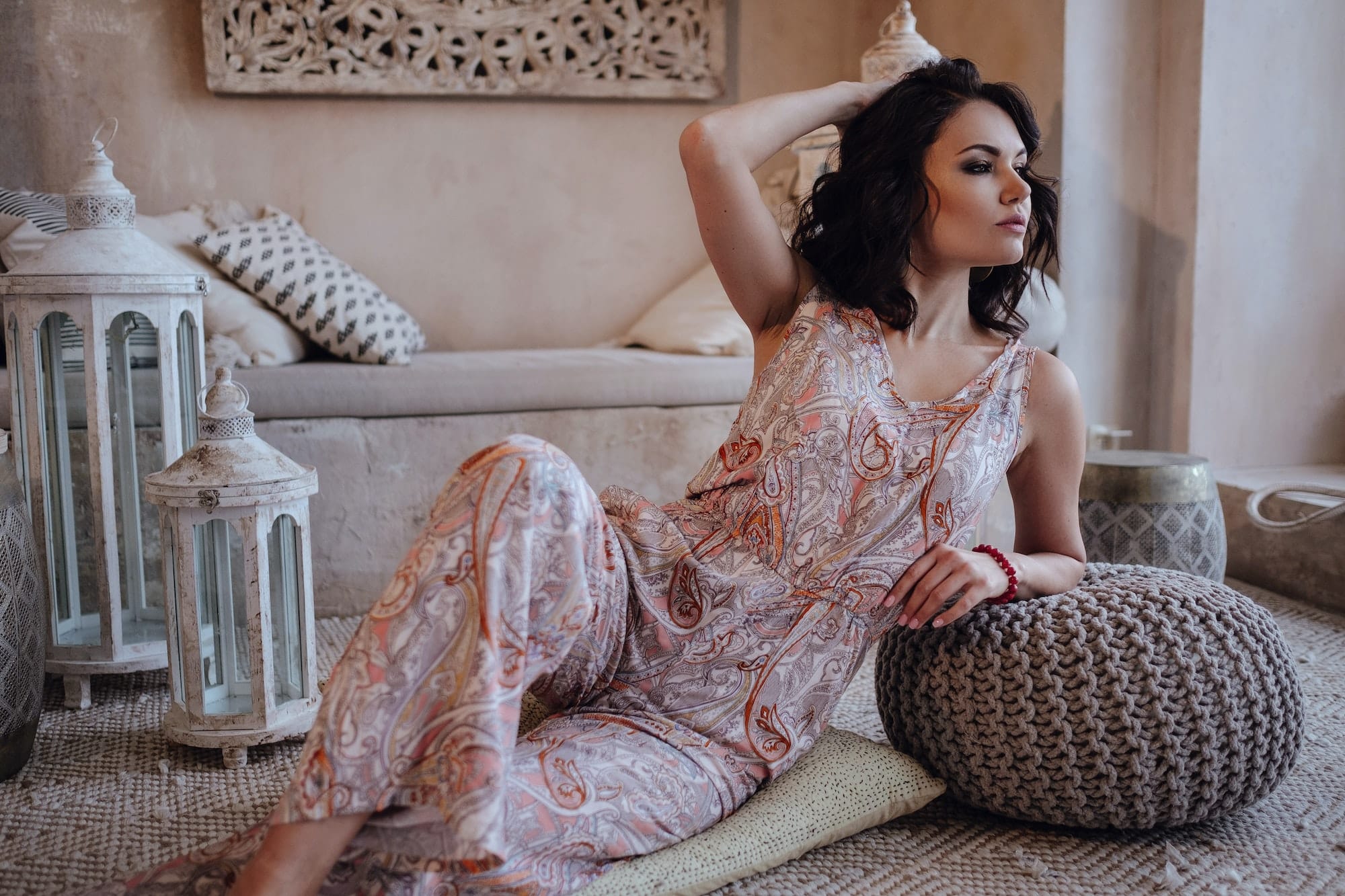 Woman in room in Moroccan style fashion harem.
