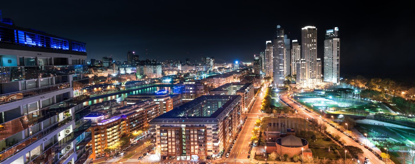 Modern city at night. It's the exclusive area of Puerto Madero inside Buenos Aires city.