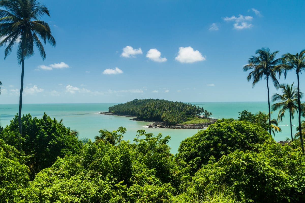 View of Ile du Diable (Devil's Island) from Ile Royale in archipelago of Iles du Salut (Islands of Salvation) in French Guiana