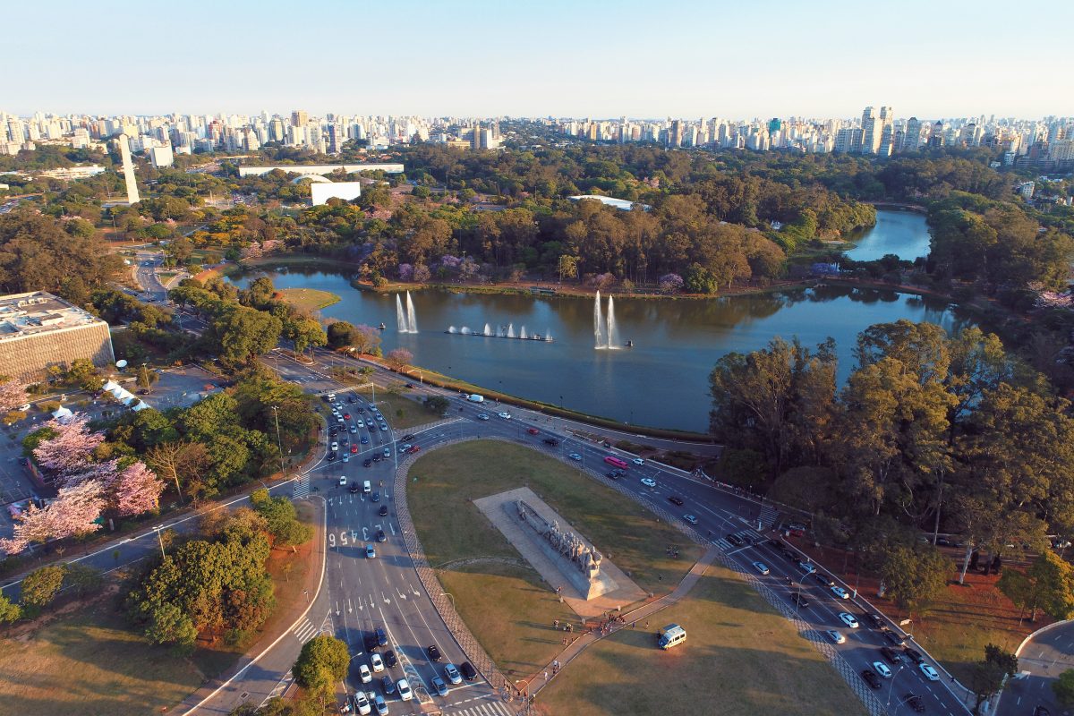 Aerial view of Ibirapuera's Park in the beautiful day, Sao Paulo Brazil. Great landscape.