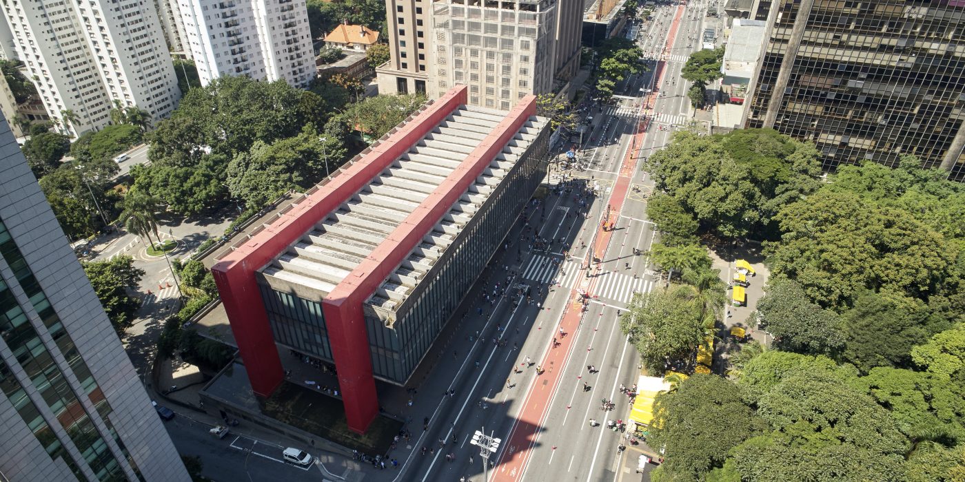 Sao Paulo, Brazil - April 2019: MASP (Sao Paulo Museum of Art). Aerial view of MASP museum, landmark of Sao Paulo city at Paulista Avenue (Avenida Paulista).