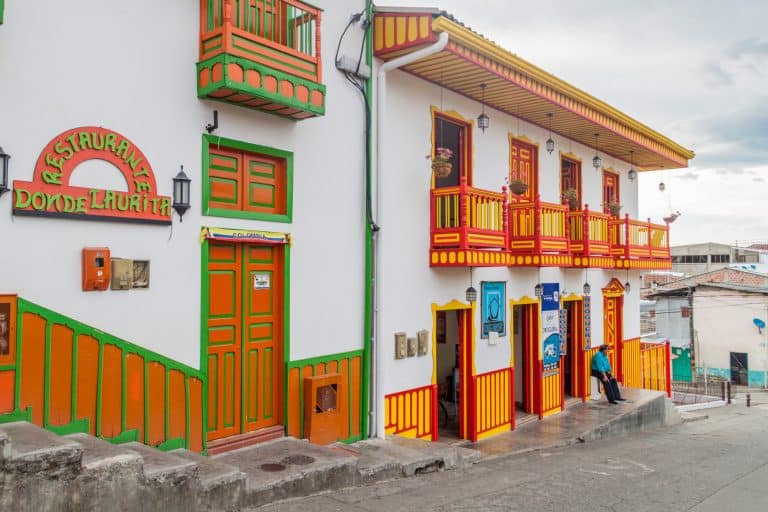 SALENTO, COLOMBIA - SEPTEMBER 7, 2015: Colorful decorated houses in Salento village, Colombia