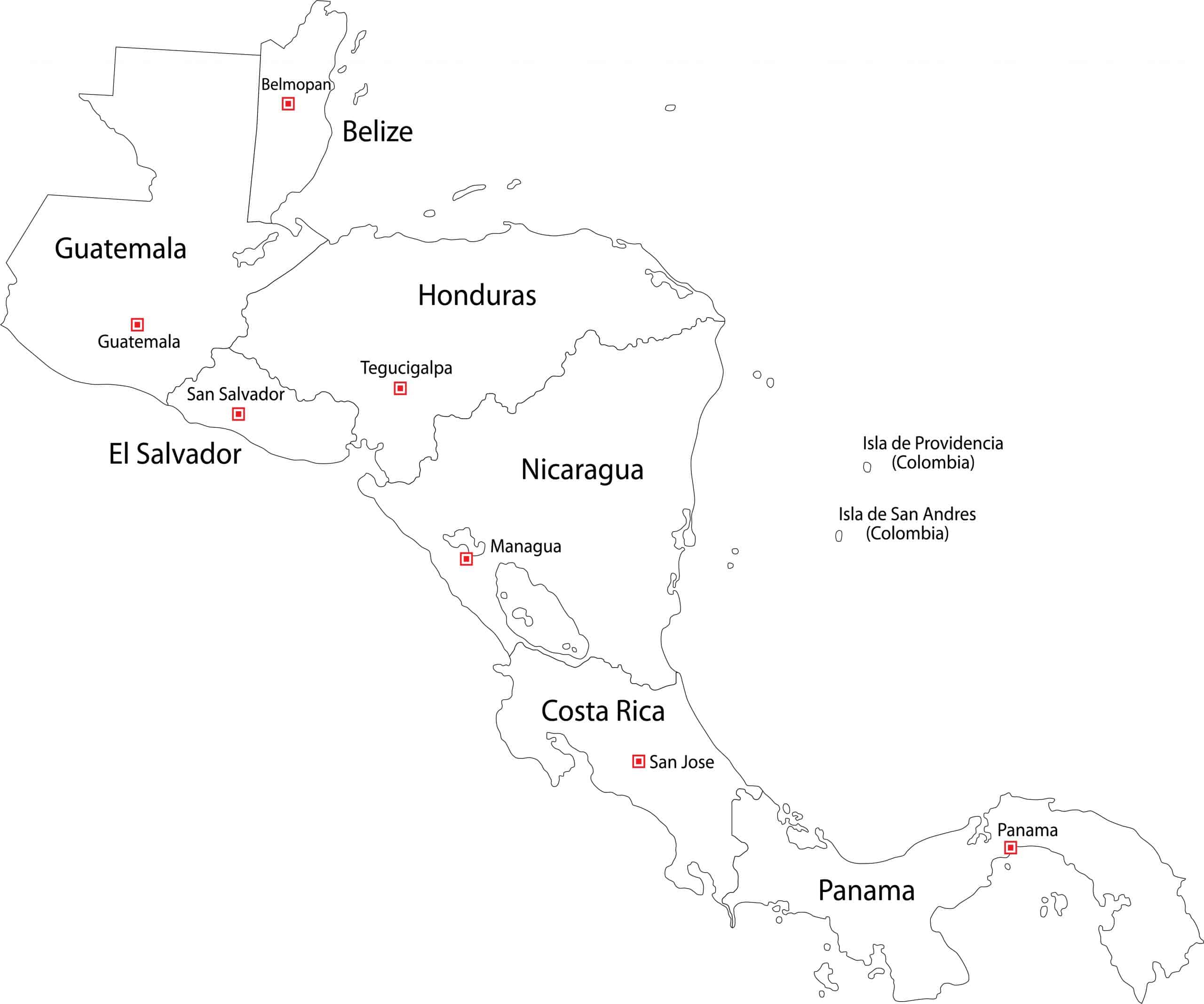 Contour Central America map with country borders