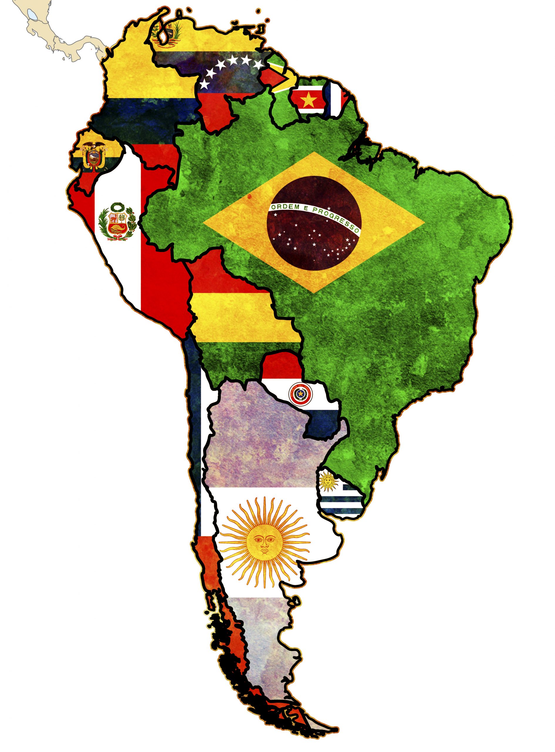 דרום אמריקה מפת ניווט עם כפתור לעמוד של כל מדינה ומדינה
